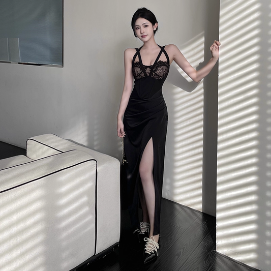 Black Sexy Lace Stitching Suspender Holiday Dress Long Birthday Dress YM2228