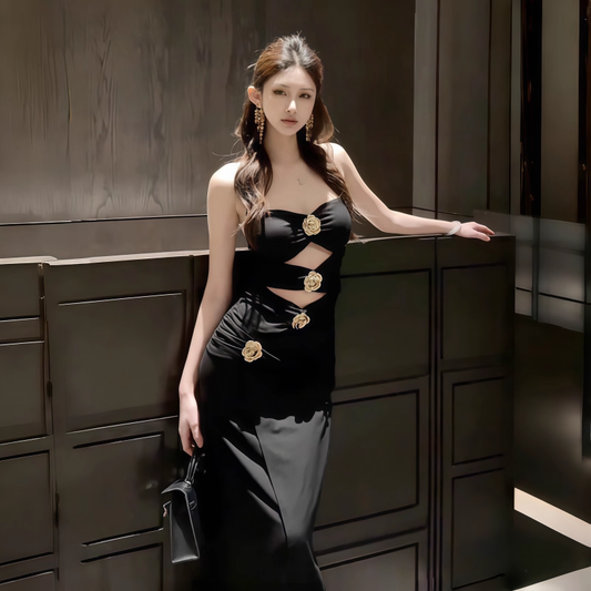 Black Metal Rose Sexy Hollow Halter Neck Party Dress Long Holiday Dress Women Dress YM2211