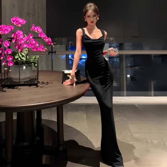 Sexy Black Bow Backless Spaghetti Straps Long  Birthday Dress Holiday Dress YM2223