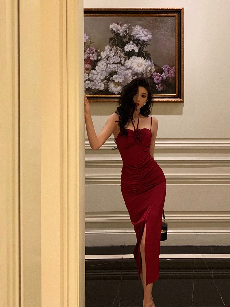 Red Halter Slit Party Dress YM1591