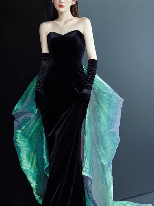 Black Evening Dress Strapless Velevet Mermaid Prom Dress YM1615