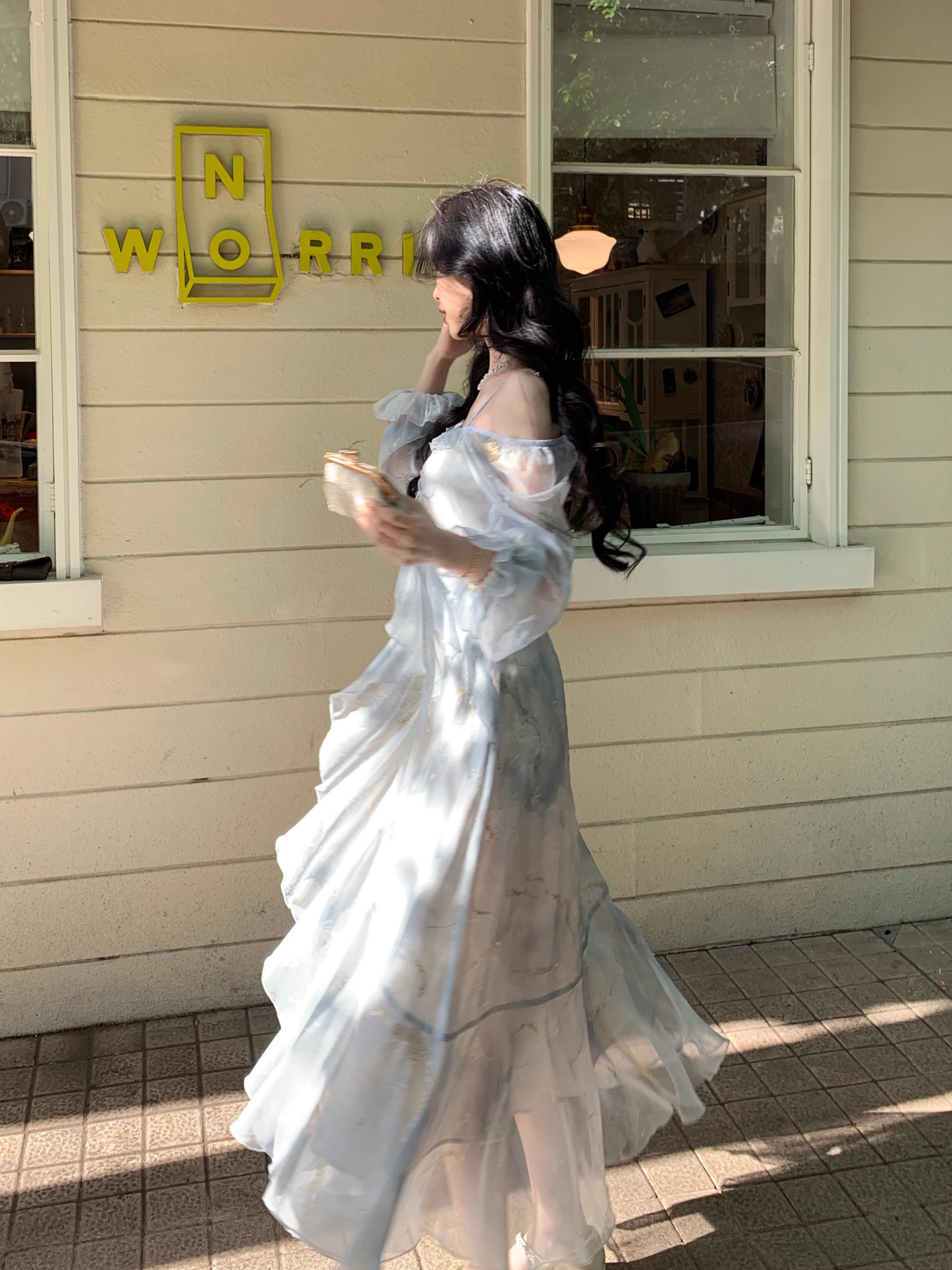 Blue Fairy-Like Ruffle Long-Sleeve Prom Dress Off The Shoulder Party Dress YM2042