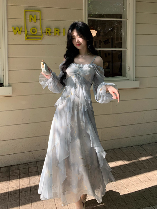 Blue Chiffon Butterfly Gold Foil Ruffle Long Sleeve Party Dress YM2025