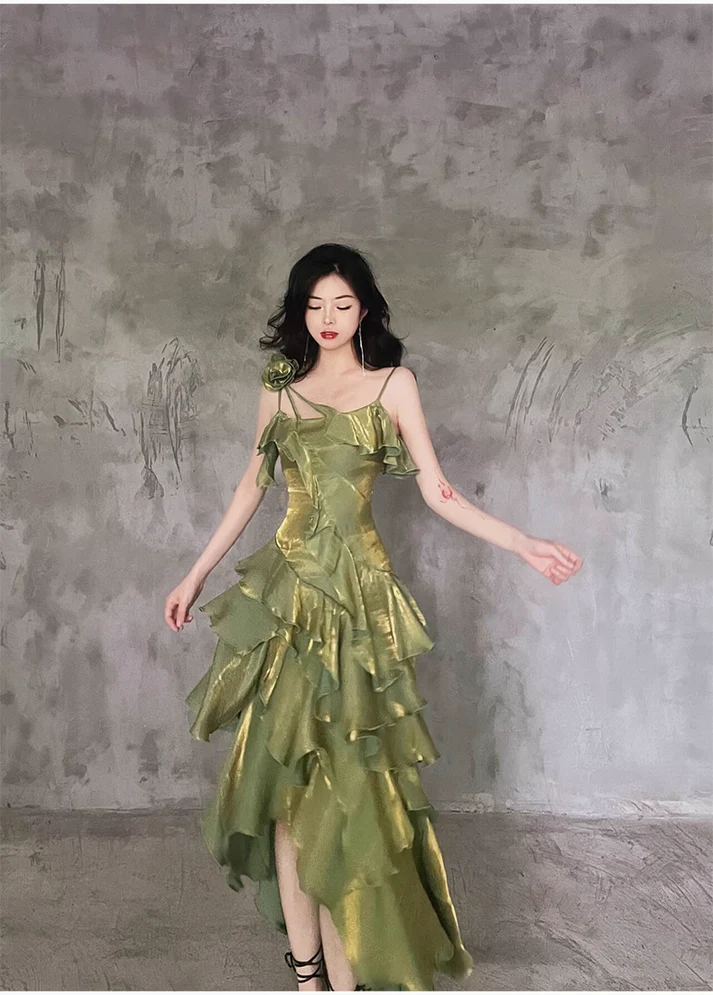 Irregular Ruffled Suspender Prom Dress Green Long Birthday Dress YM1628