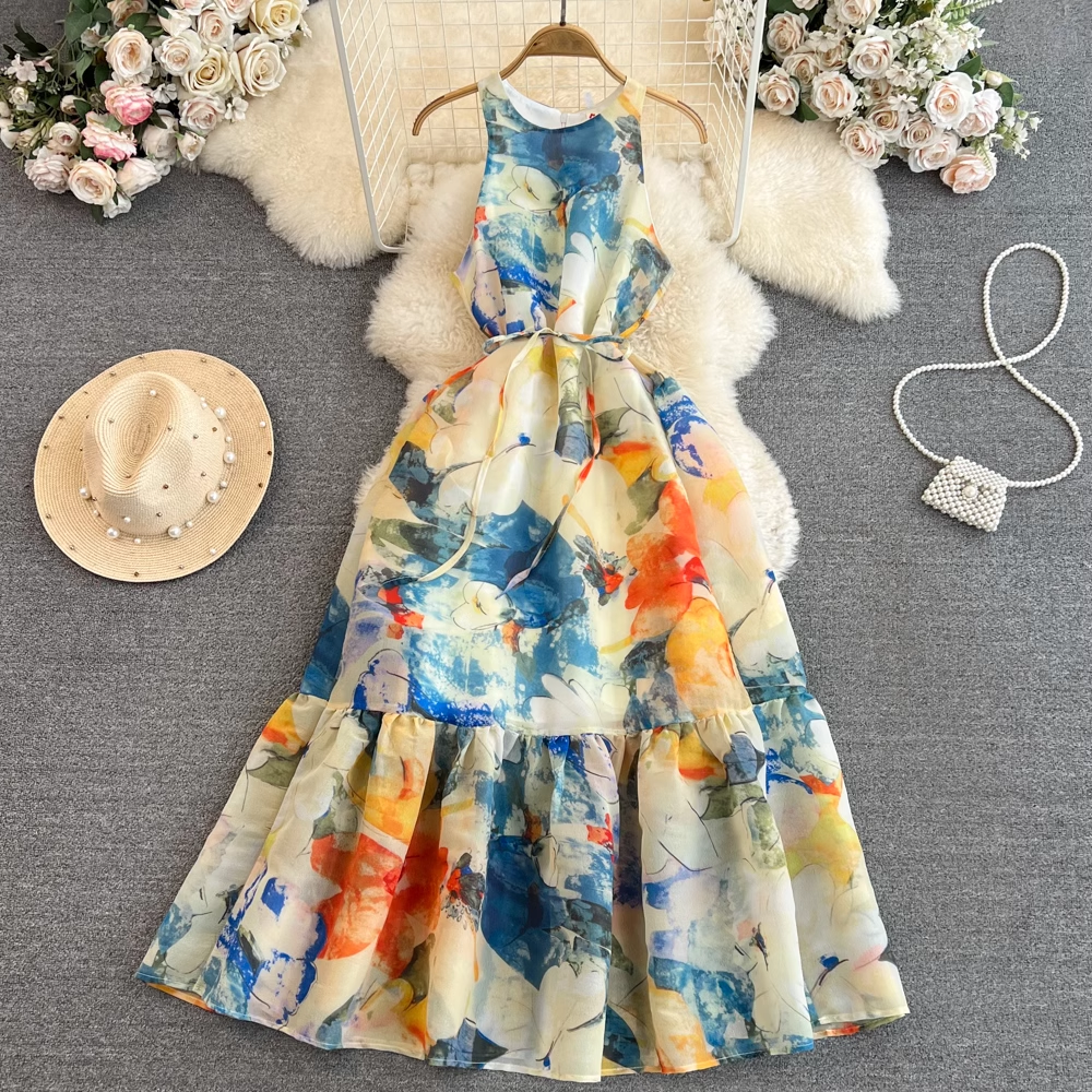 Sleeveless round neck a-line oil painting printing lotus leaf hem dress maxi dress YM301
