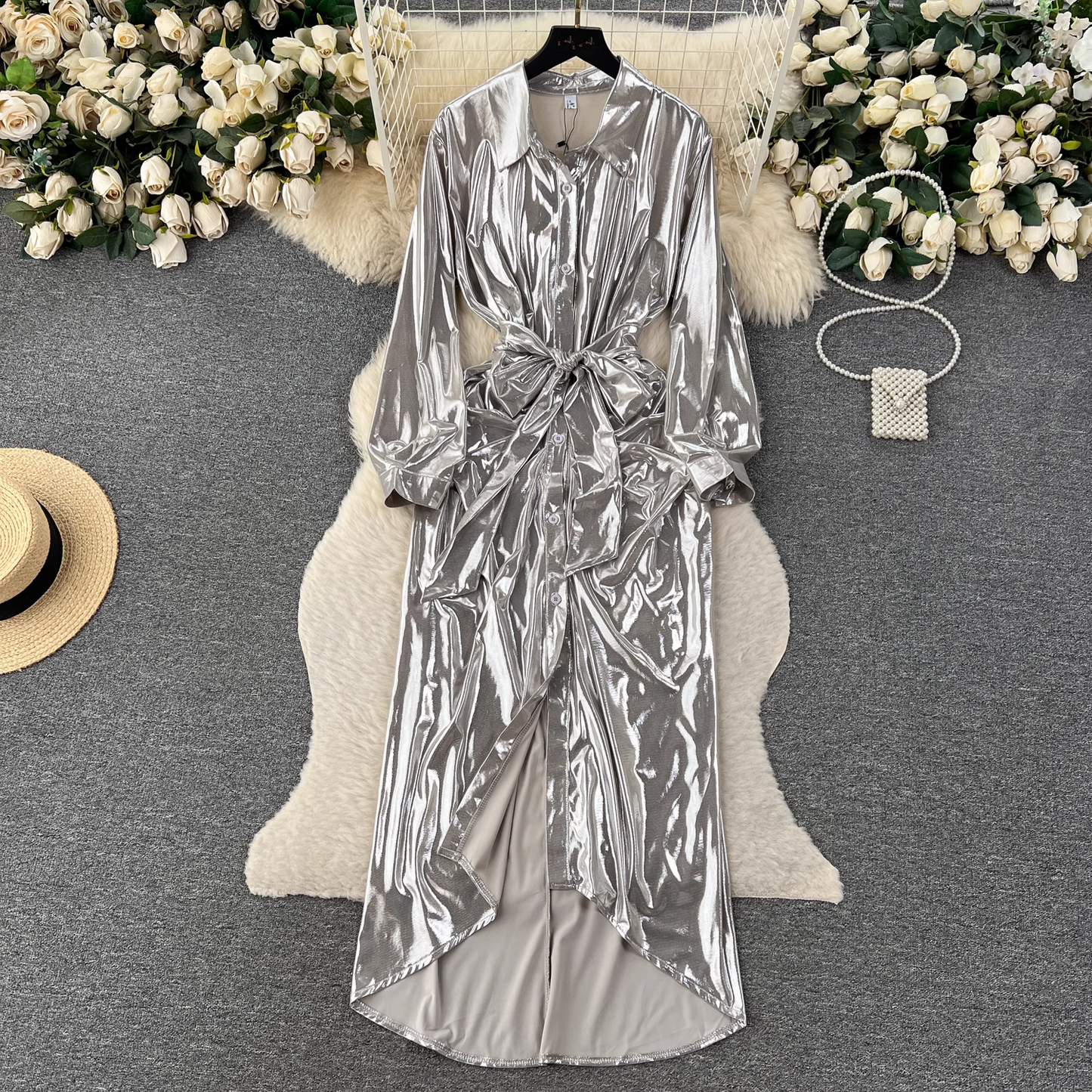 Designed pleated strappy shirt dress casual summer dress for women YM608