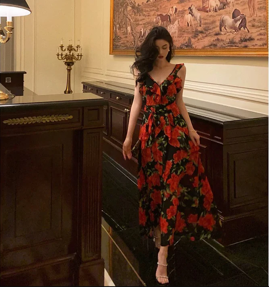 Sexy Straps Red Floral Ruffle Chiffon Prom Dress Evening Dress YM1704