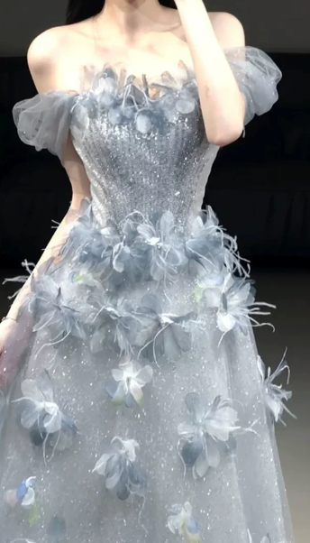 Stunning Pale Blue Tulle Feather Decor Bateau A-Line Long Prom Dress Evening Dress YM2628