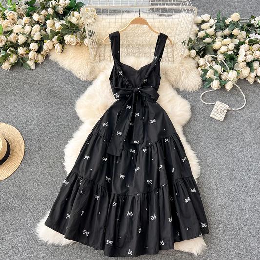 Embroidered bow tie mid-length resort style suspender dress YM1203