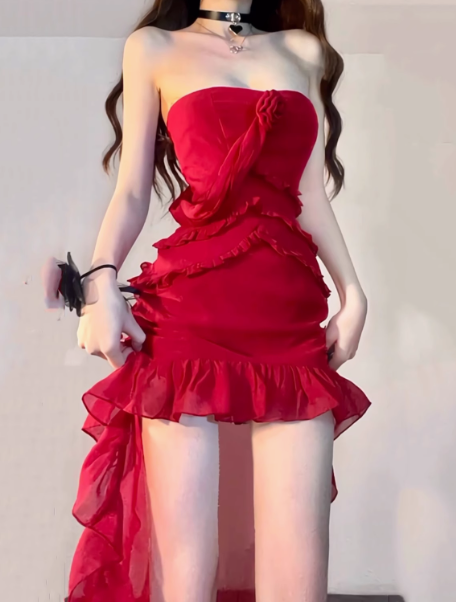 Sexy Red Rose Flower Chiffon Halter Neck strapless Holiday Dress Birthday Outfits YM2129