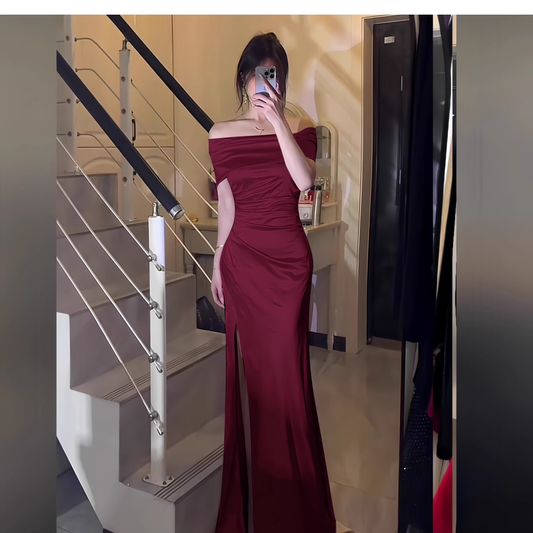 Classy Burgundy Off The Shoulder Birthday Party Dress Satin Slit Long Holiday Dress YM2237