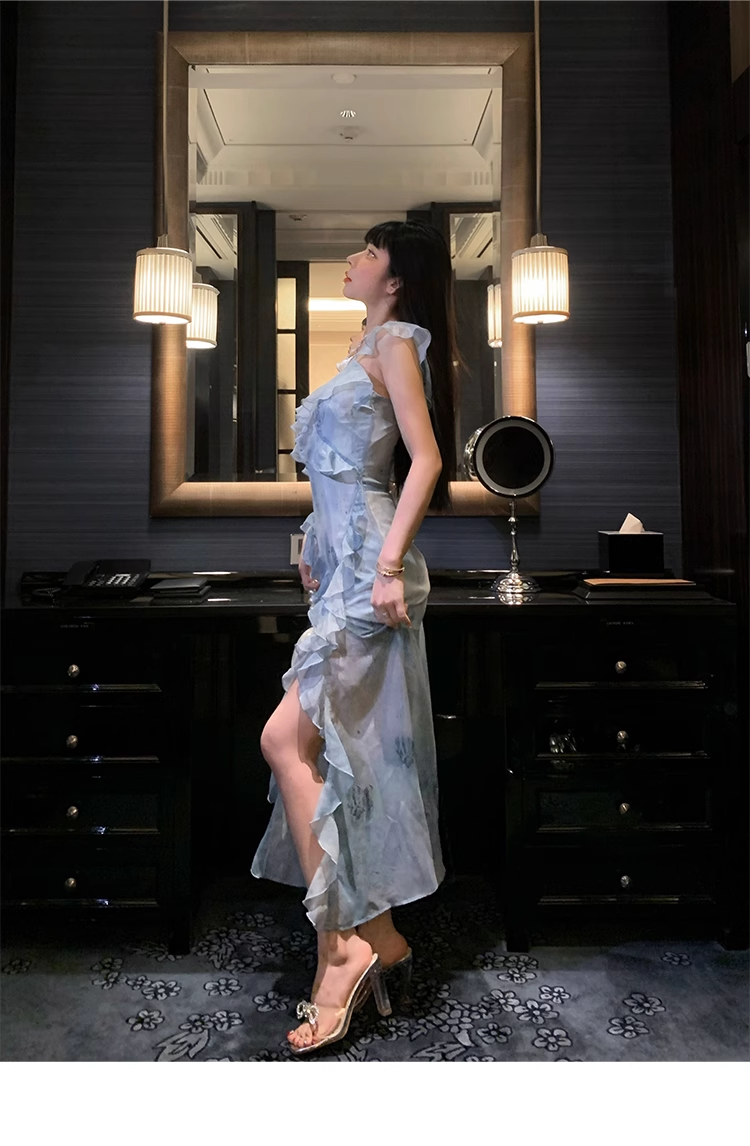 Classy Blue Chiffon Ruffles Slit Party Evening Dress YM2006