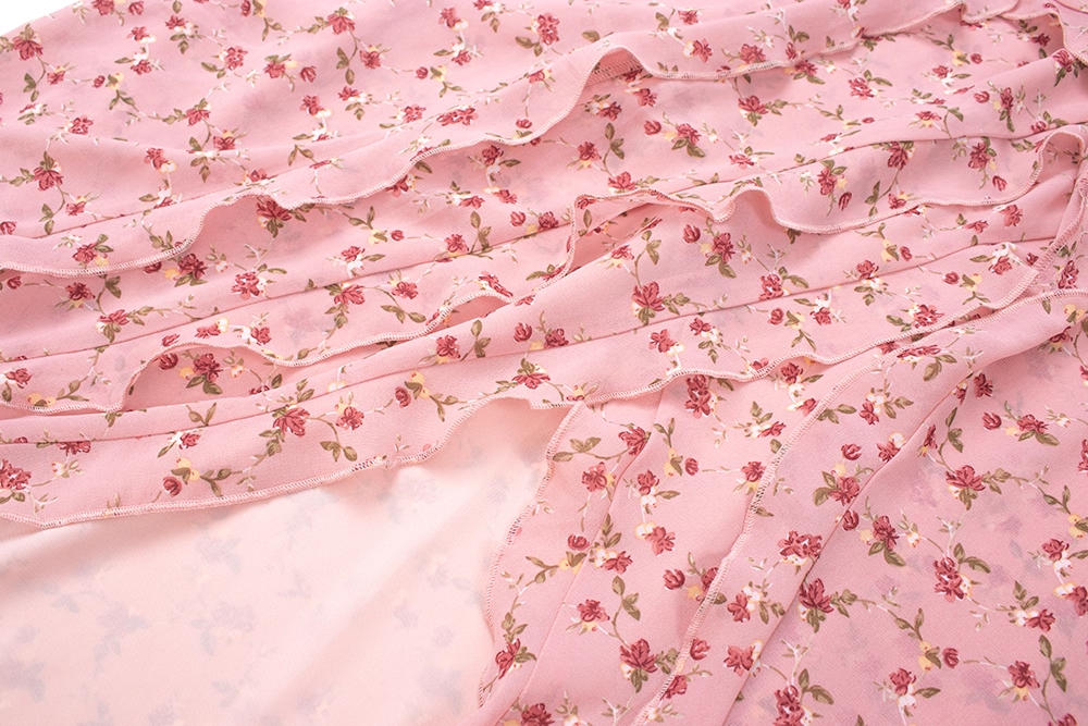 Beautiful Pink Floral Ruffles Long Holiday Dress Straps Vacation Dress YM2329