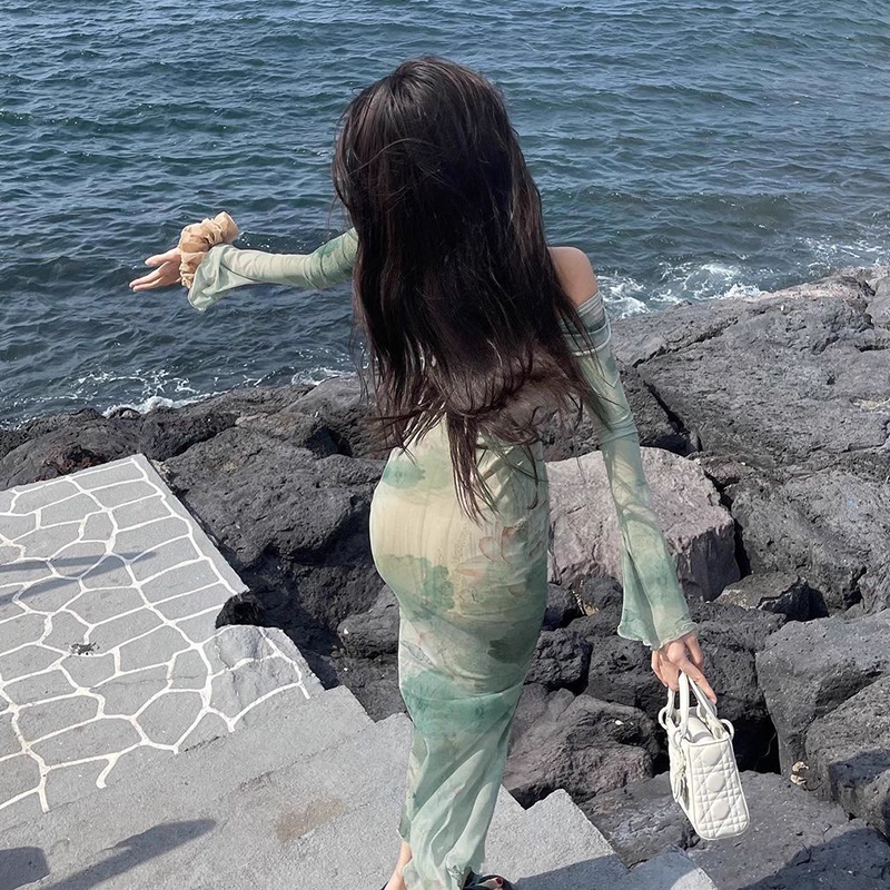 Green Printed Floral One-Shoulder Vacation Dress Sexy Seaside Long Holiday Dress YM2279
