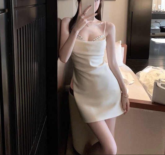 Sexy Straps Birthday Dress Off White Satin Beaded Short Party Dress YM2187