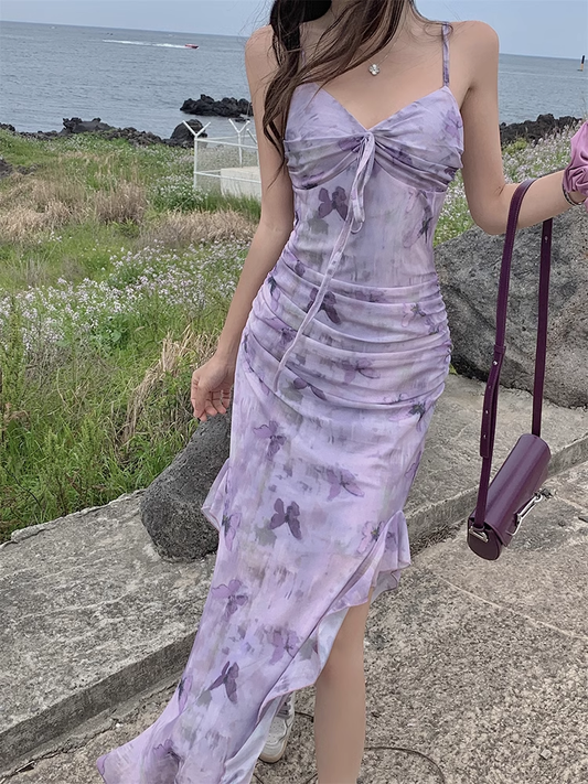 women's summer purple butterfly print suspender dress YM1265