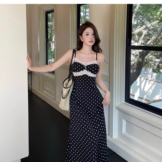 Cute Spaghetti Strap Lace Polka Dot Long Holiday Dress Vacation Dress YM2215