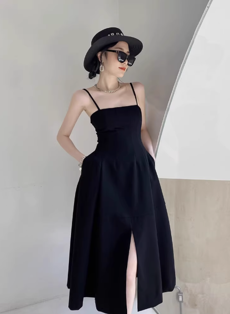 Black retro slit suspender black a line party prom dress YM1954