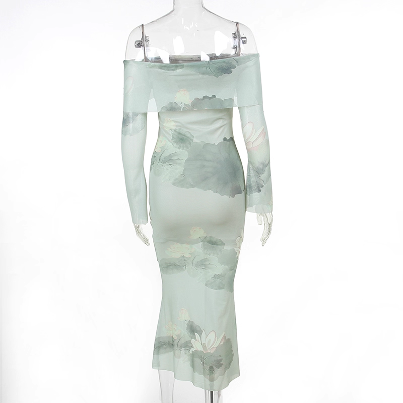 Green Printed Floral One-Shoulder Vacation Dress Sexy Seaside Long Holiday Dress YM2279