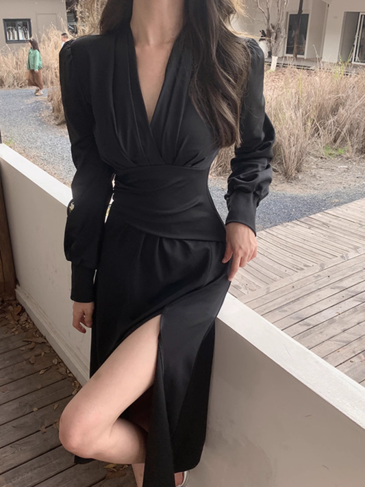 New women's black v-neck long dress YM914