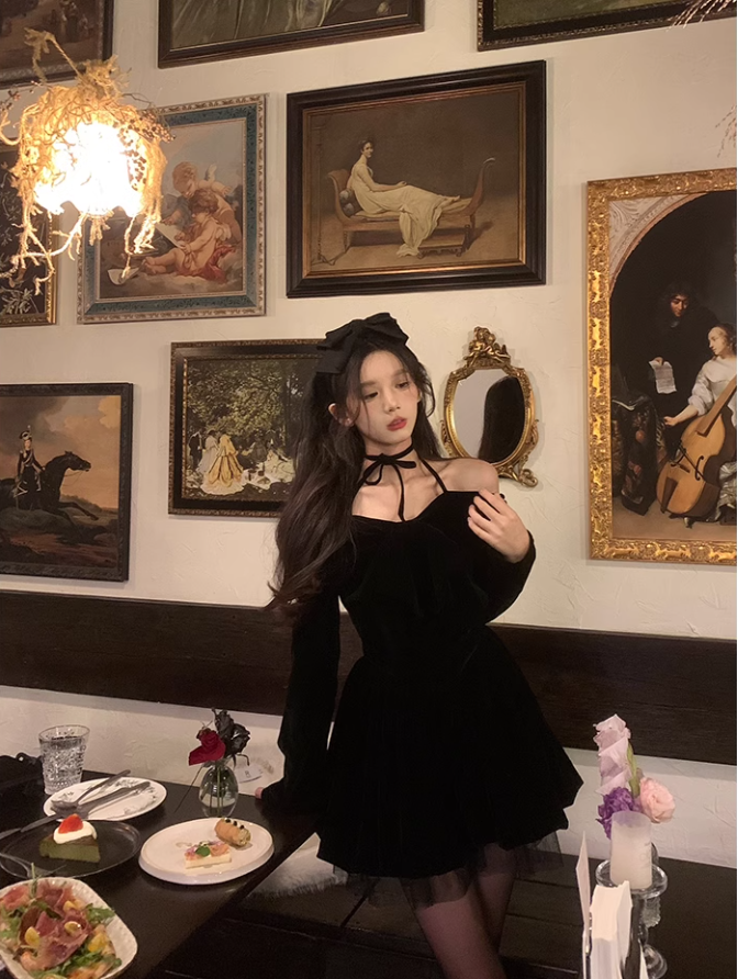 Cute Halter Black Velvet Short Dress Birthday Dress YM1742