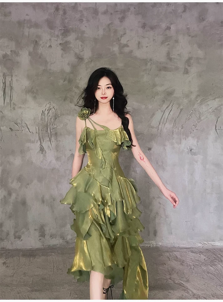 Irregular Ruffled Suspender Prom Dress Green Long Birthday Dress YM1628