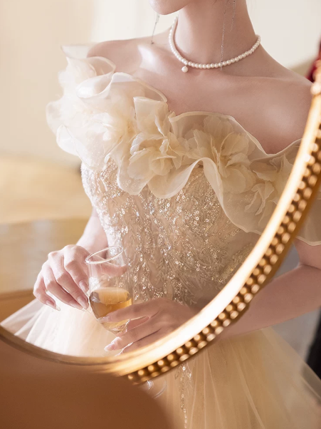 Puffy Champagne Tulle Sequins Bateau A-Line Maxi Prom Dress Birthday Dress Ball Gown YM2704