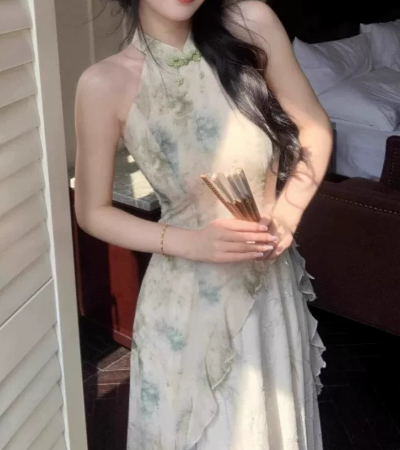Hazy Soft Green Chiffon Flowy High Collar A-Line Maxi Women Dress Holiday Dress YM2741