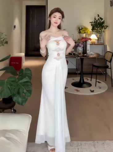 Elegant White Off The Shoulder Long Party Dress Vacation Dress YM2212