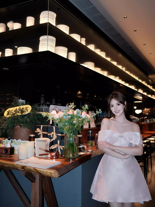 Pink Off The Shoulder Bow Short Dress Princess Puffy Dress YM1639