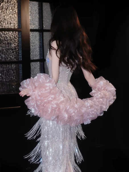 Glitter Blush Pink Tassel Decor Sweetheart A-Line Long Prom Dress Birthday Dress YM2630