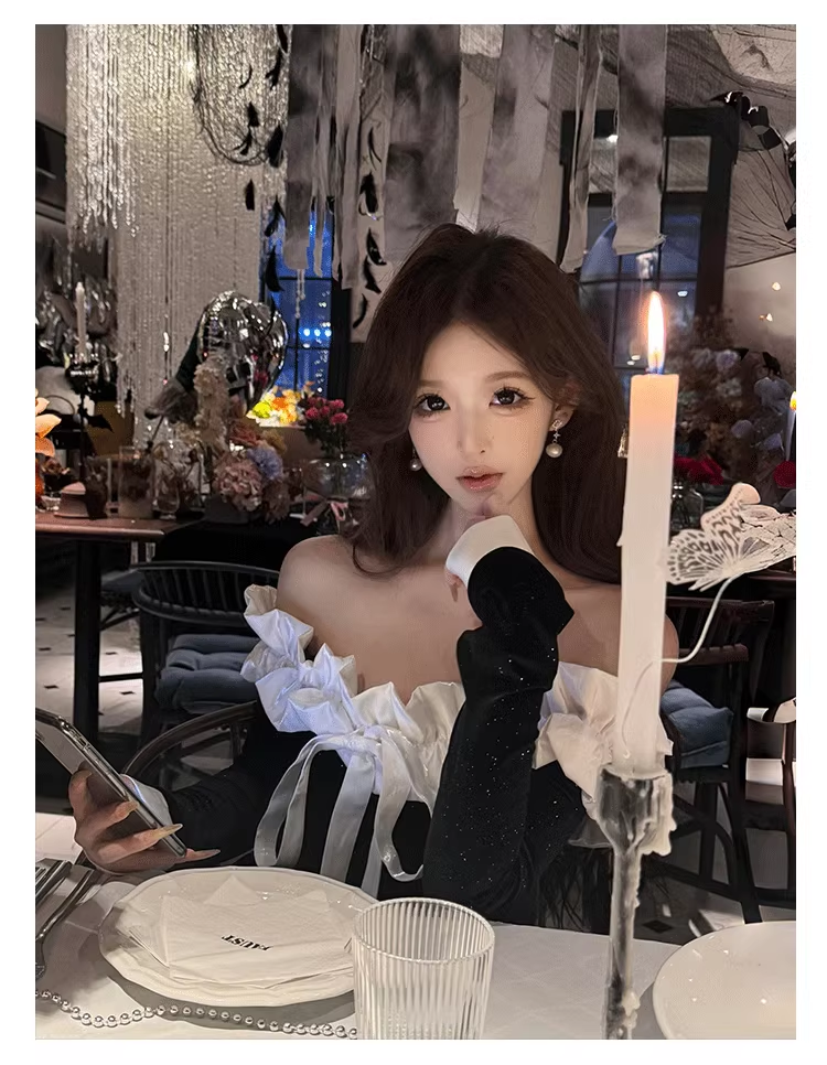 Off The Shoulder Pleated Dress Black Short Outfits YM1647