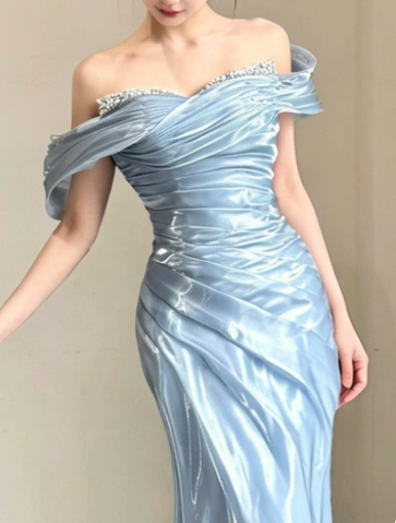 Sparkly Baby Blue Silky Satin Strapless Mermaid Long Prom Dress Birthday Dress Ball Gown YM2661