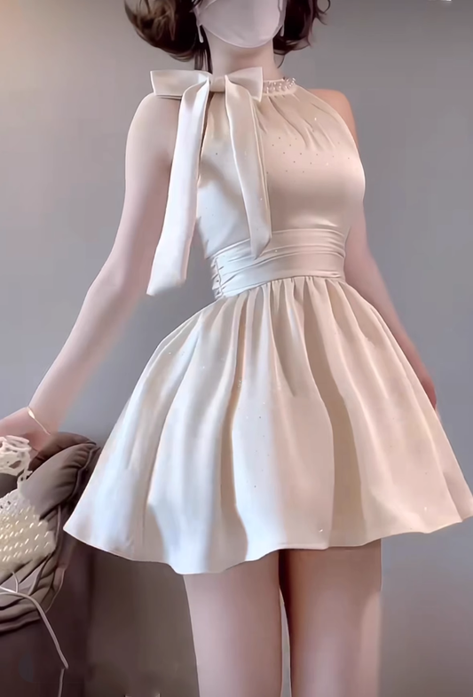 Glitter Bow Halter Neck A Line Holiday Birthday Dress YM2126