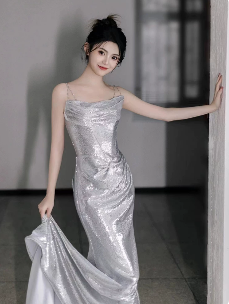 Sparkly Sliver Silky Spaghetti Straps Mermaid Long Prom Dress Party Cami Dress YM2632