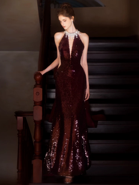 Sparkly Burgundy Silky Deep V-neck Mermaid Long Prom Dress Evening Dress YM2633