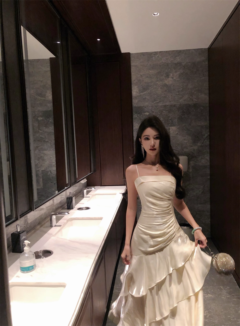 White Suspender Holiday Dress Ruffled Mermaid Long Birthday Dress YM2331