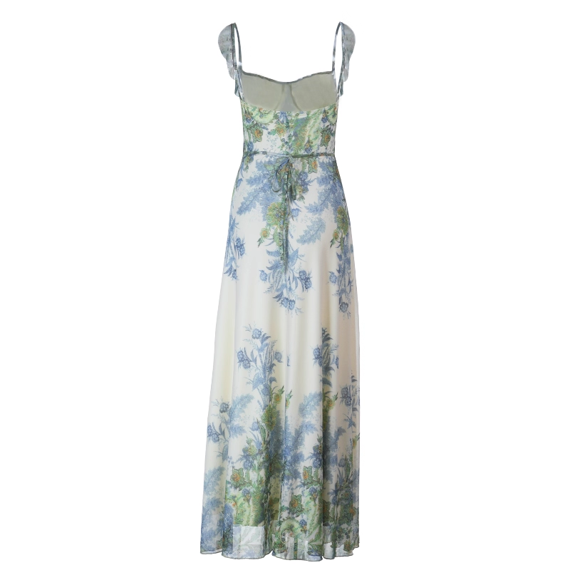 Fashion Green Printed Floral Straps Birthday Dress Women's Sexy Long Holiday Dress YM2280