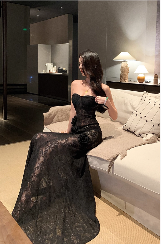 Sexy Floral Lace Strapless Evening Dress Black Long Party Dress YM2174