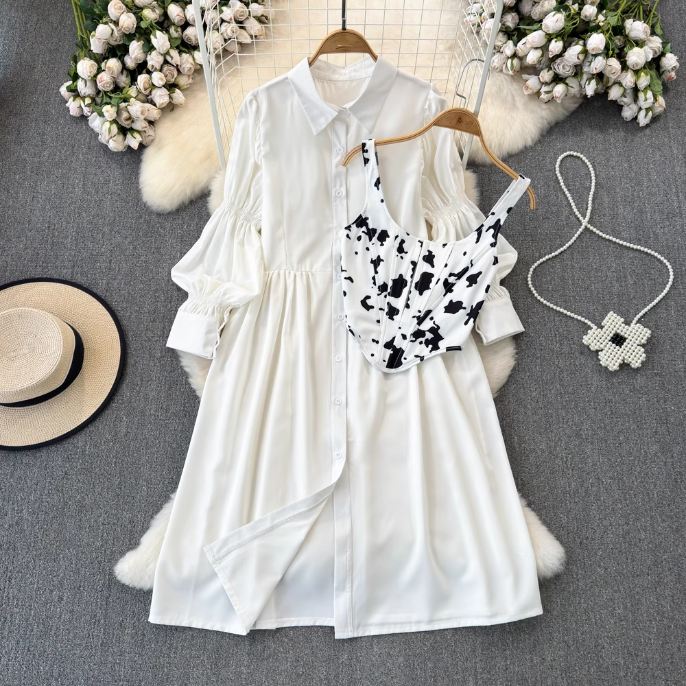 Spring and autumn lantern long-sleeved a-line shirt dress two-piece fishbone vest YM999