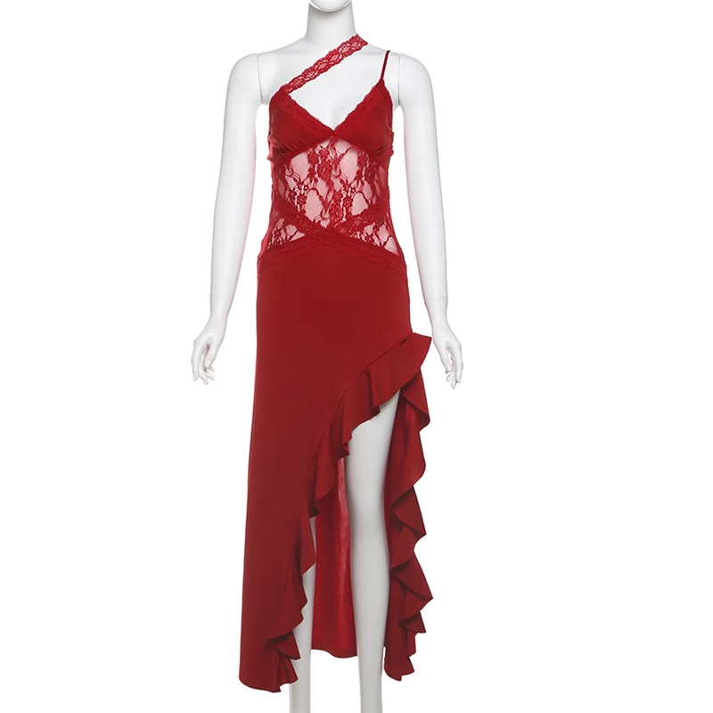 Sexy Spaghetti Straps Black Lace Slit Ruffle Party Dress Birthday Outfits YM2198