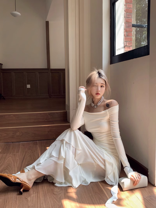 Elegant Off-shoulder Irregular Ruffled Off-shoulder Prom Party Dress YM1823