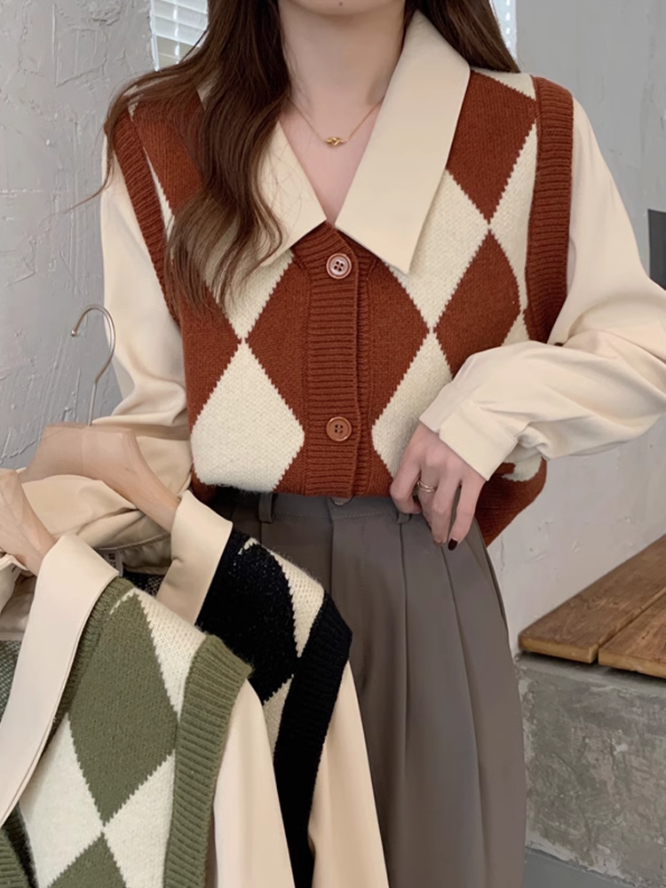 New Plaid Knit Vest Fake Two-Piece Sweater Shirt YM358