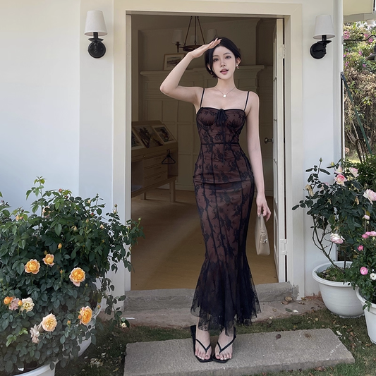 Sexy Black Lace Suspender Holiday Dress Sheath Mermaid Long Birthday Dress YM2258