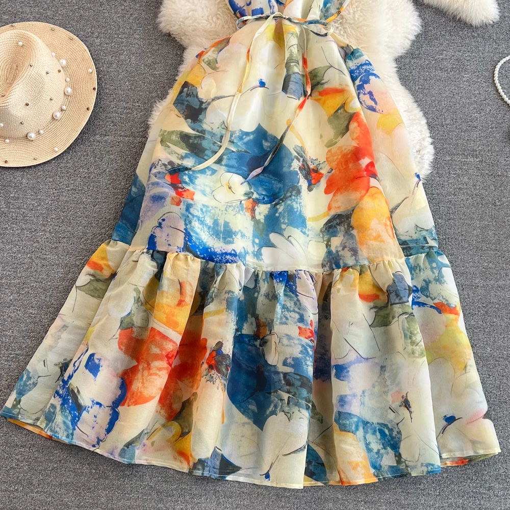 Sleeveless round neck a-line oil painting printing lotus leaf hem dress maxi dress YM301