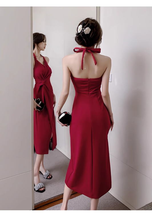 Burgundy Halter Bodycon Dress YM1259