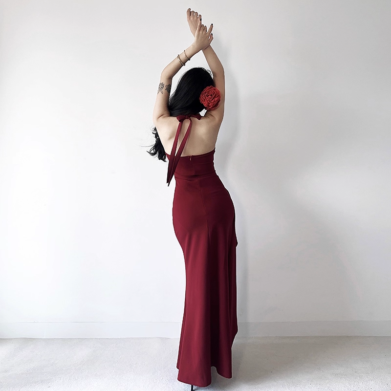 Red Halter V-neck Party Dress Sexy Slit Sheath Long Vacation Dress YM2208