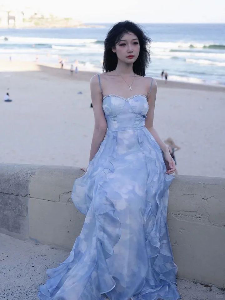 Classy Blue Suspender Party Dress Seaside Holiday Beach Long Dress YM2307