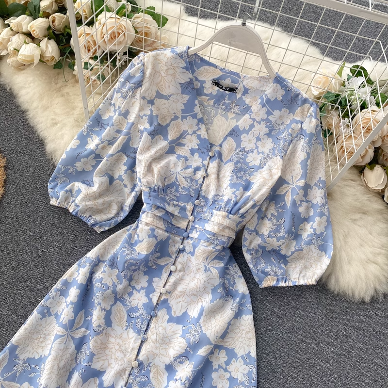 Printed Sexy V-Neck Slit Summer Dress YM1572