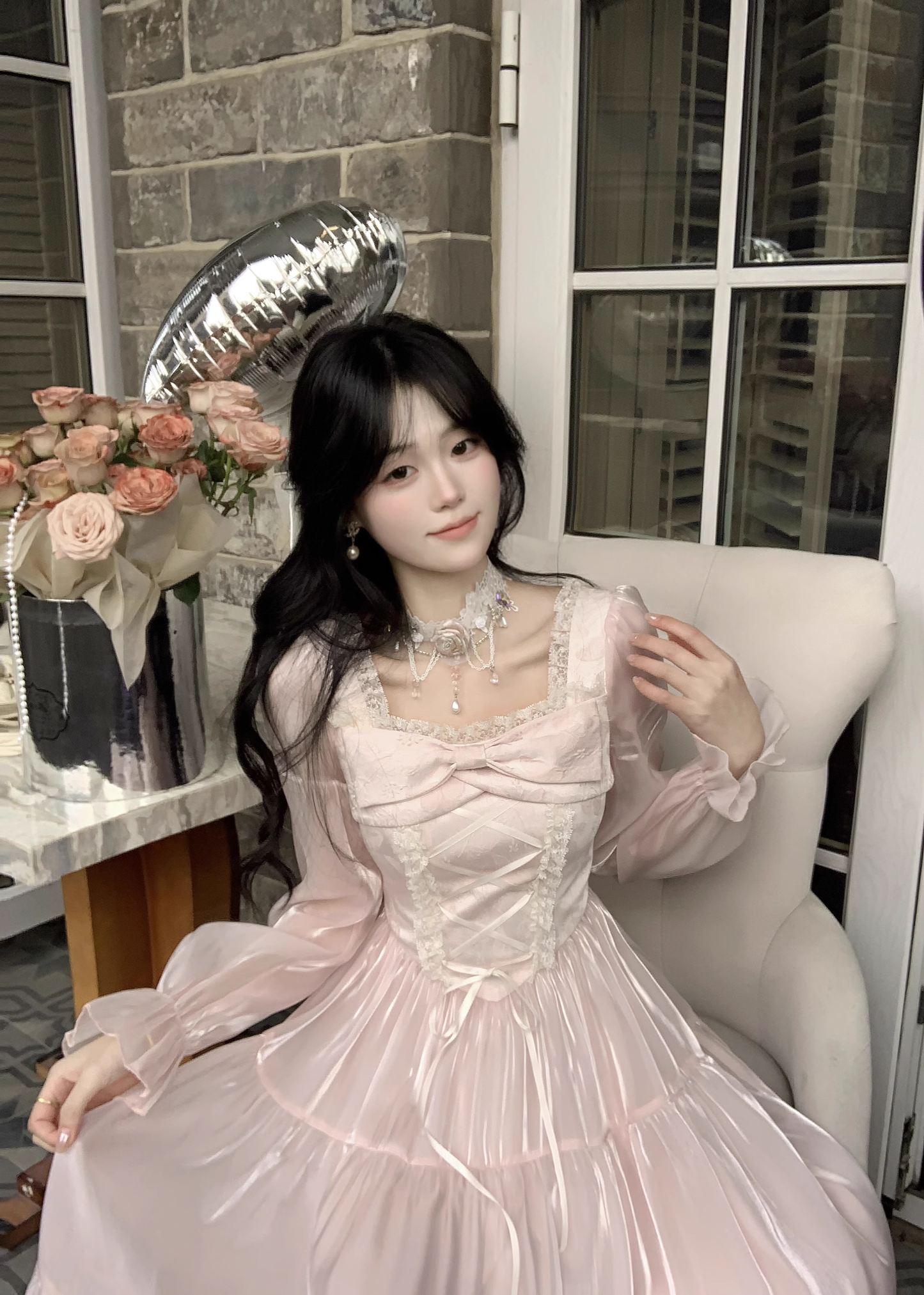 Pink French Square Neck Long Dress Fairy Glossy Party Dress Prom Dress YM2027